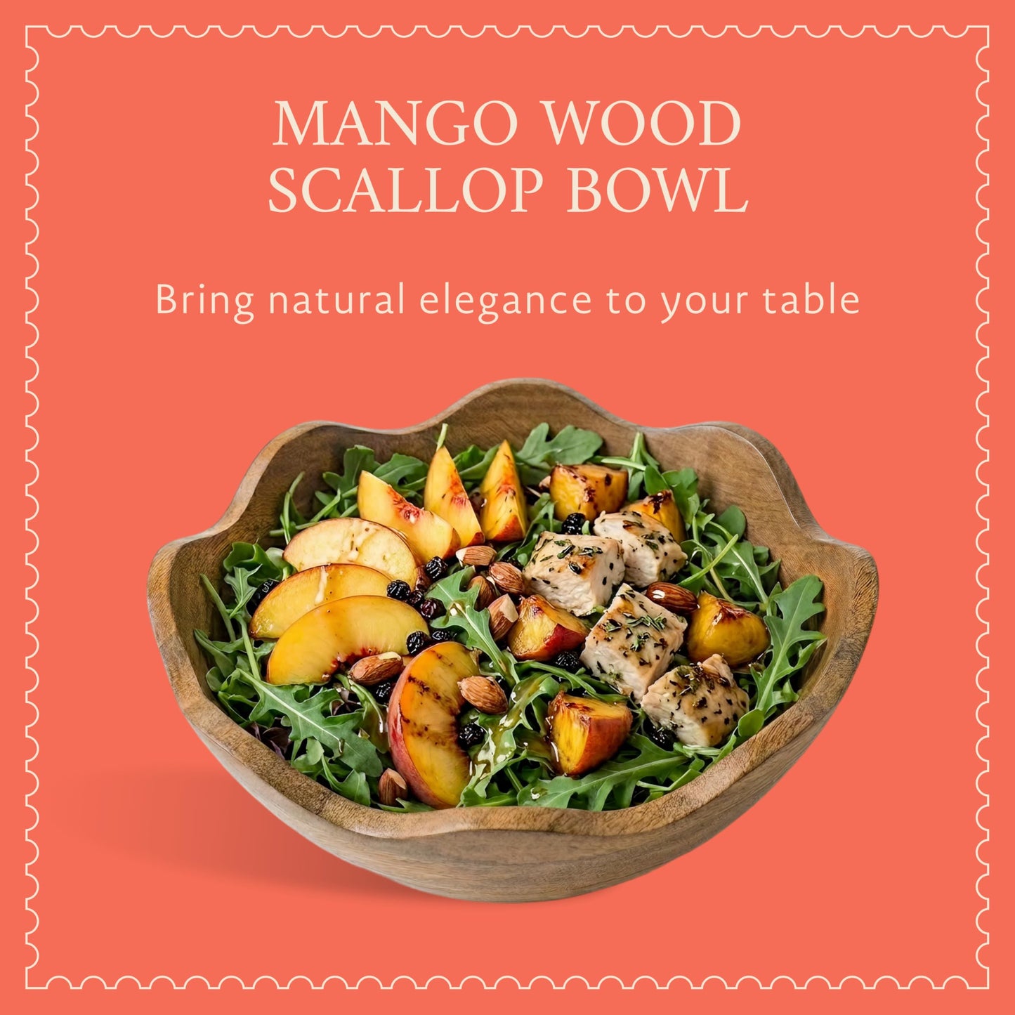 Mela Artisans 10 in Wide x 4 in Tall Scalloped Mango Wood Bowl – Hand-Carved Decorative Serving and Fruit Bowl with Visible Wood Grain for Kitchen Counter, Snacks, Bread and Home Decor