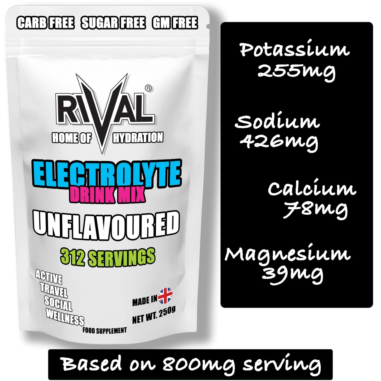 312 Servings Electrolyte Powder 250g Unflavoured add to Flavour Drink of Your Choice, Sugar Free, Zero Sweetener, Vegan, Keto Friendly, Snake Diet Fasting Salts - Made in The UK Scoop Included