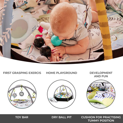 Kinderkraft Baby Playmat SMARTPLAY, Educational Mat, Activity Play Gym, with Ajustable Fitness Frame, Playpen Function, Accessories, Hanging Rattle, 5 Toys, 30 Balls, for Newborn, Suitable from Birth