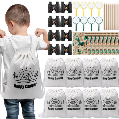HyDren 8 Sets Camping Party Favors for Kids Safari Party Favors with 8 Camping Scavenger Hunt Cards 8 Canvas Gift Bags 8 Binocular Toys 8 Magnifying Glass 9 Pencils Outdoor Exploration Kit