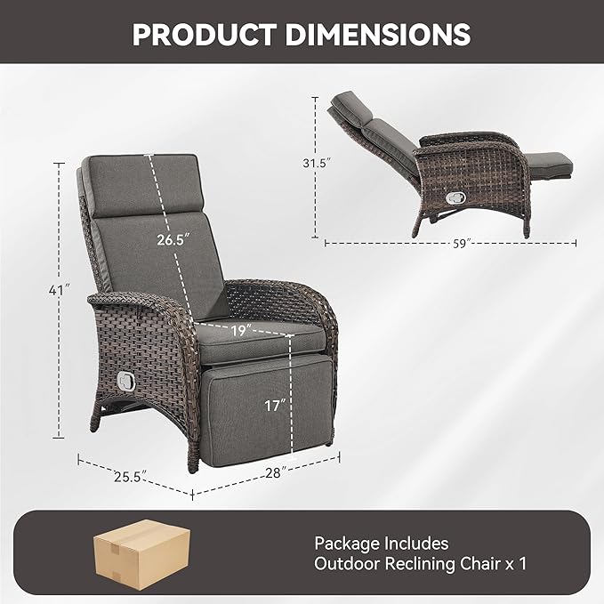 Zero Gravity Wicker Patio Recliner Chair - Wicker Outdoor Lounge Chair with Adjustable Backrest & Footrest, All Weather Outdoor Reclining Chairs with Thick Cushion for Pool Deck Gray