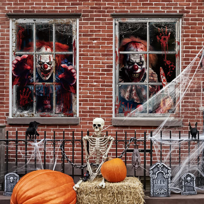 Hxezoc 2 Pack Halloween Window Decorations Scary Spooky Clown Window Backdrop Poster for Halloween Window Door Wall Cover Decoration Supplies