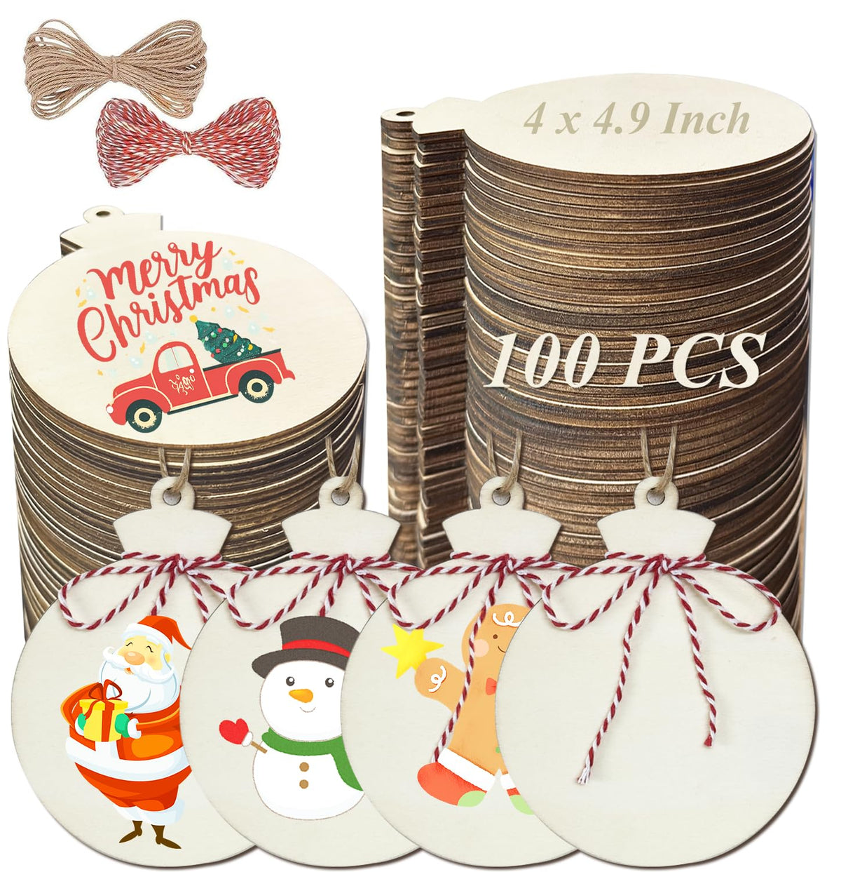 FCDECOR 4.9" 100PCS Christmas Wooden Ornaments Unfinished, DIY Christmas Crafts for Kids Wood Slices DIY Crafts Supplies for Girls Adults, Xmas Ornaments Holiday Decoration