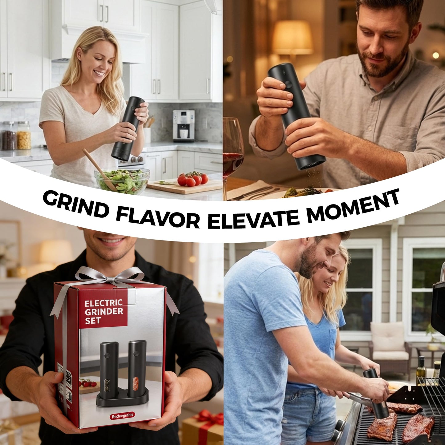 Elebatic 110ml Electric Salt and Pepper Grinder Set, Rechargeable salt and pepper shakers with LED Light, 2-Pack with Charging Base, External 6 Adjustable Coarseness, Holiday Gifts
