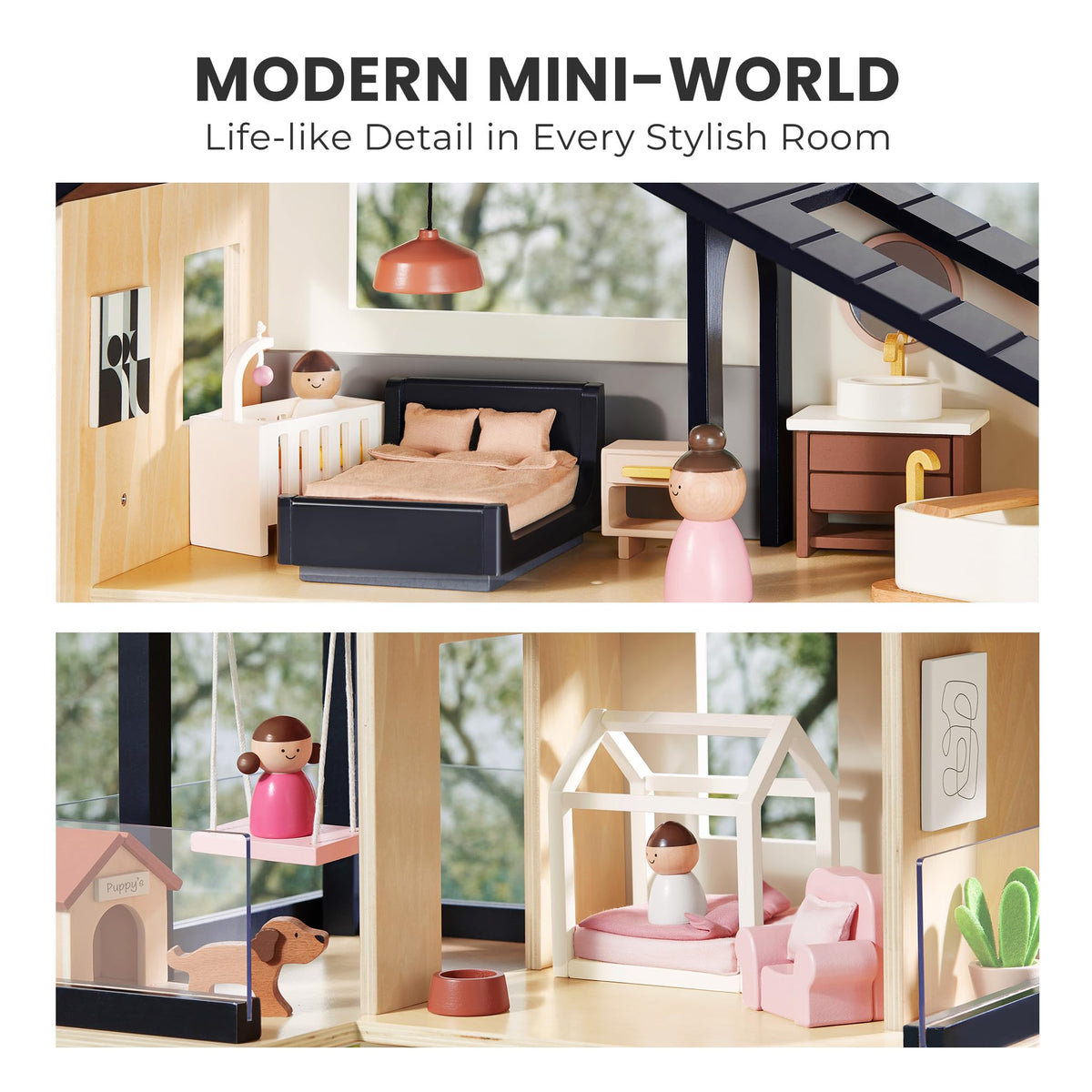 Tiny Land Modern Wooden Dollhouse & 5-Piece Poseable Wooden Doll Family People Set