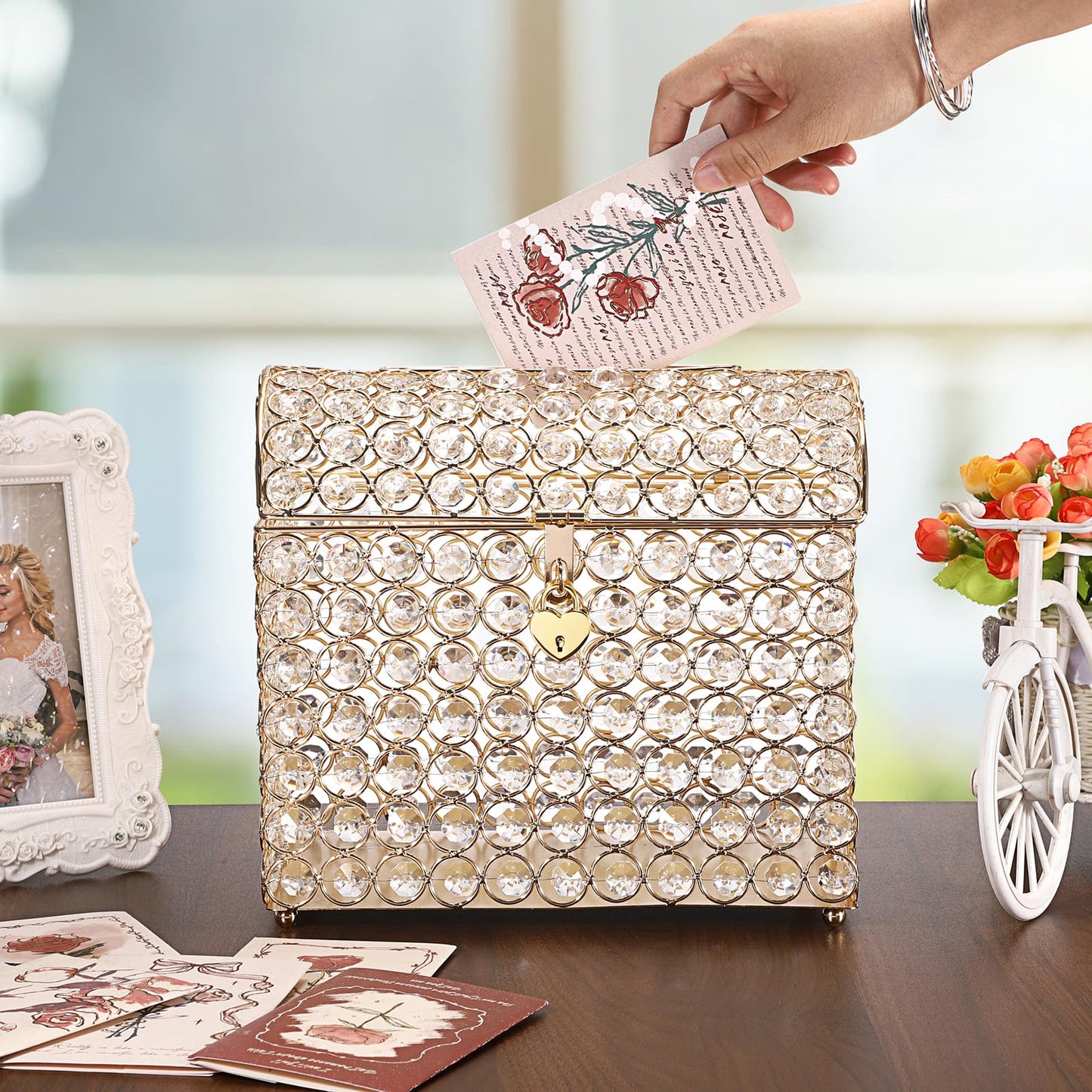 ELLDOO Crystal Wedding Card Box with Heart Lock, Money Card Box Treasure Chest Style Gold Gift for Wedding Receptions Centerpiece Decor Anniversary Keepsake Gift Display Csae, Medium