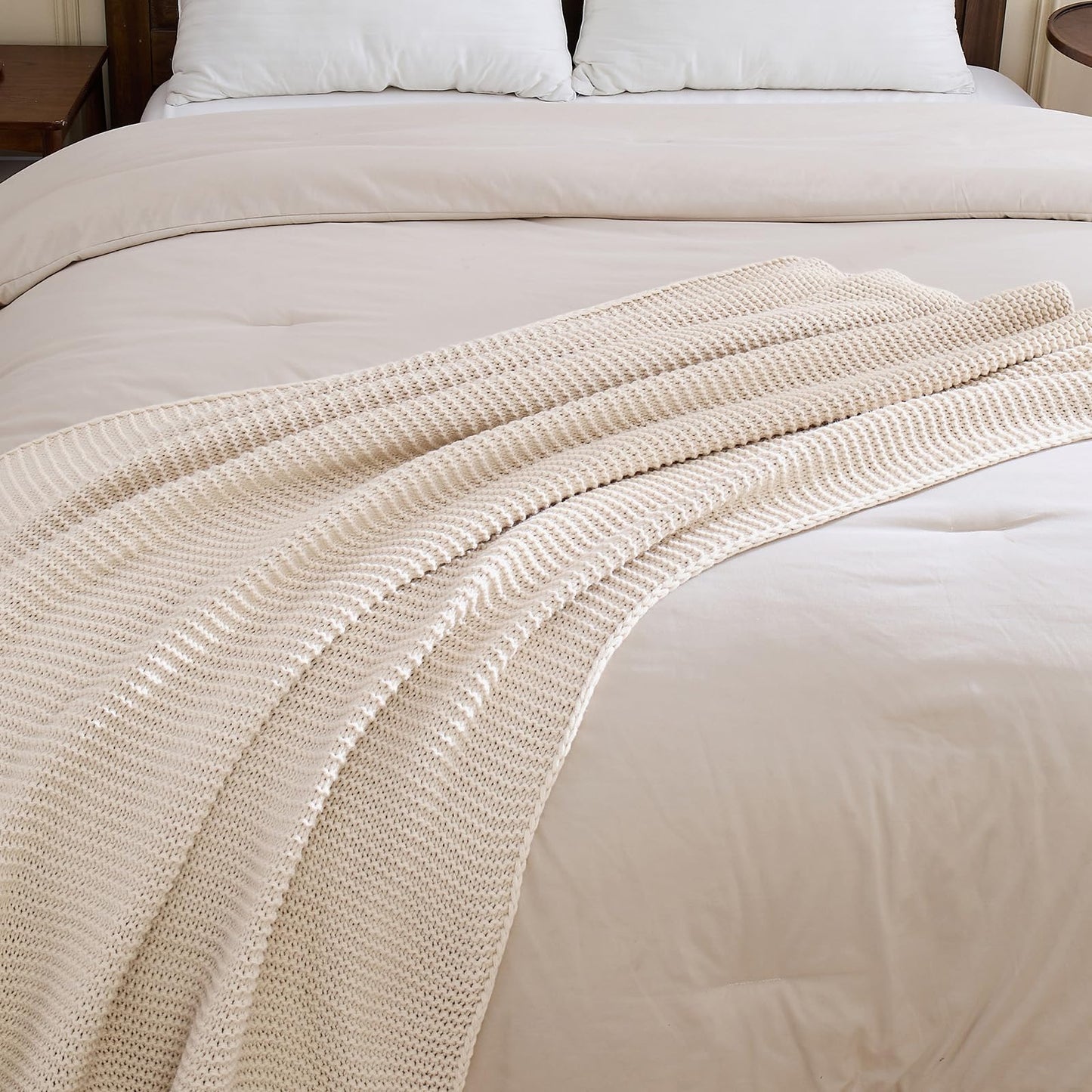 Cable Knit Throw Blanket for Couch, Beige Throw Blanket, Soft Cozy Stretchy Reversible Garter Knitted Blankets for Bed, 50"x60", Light Beige