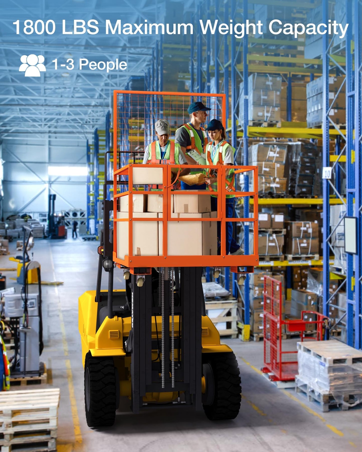 Heavy Duty 45"x43" Forklift Safety Cage, 1800 LBS Capacity Collapsible Forklift Man Basket, Galvanized Man Lift Work Platform with Wheels & Safety Harness, Aerial Forklift Cage for Warehouse