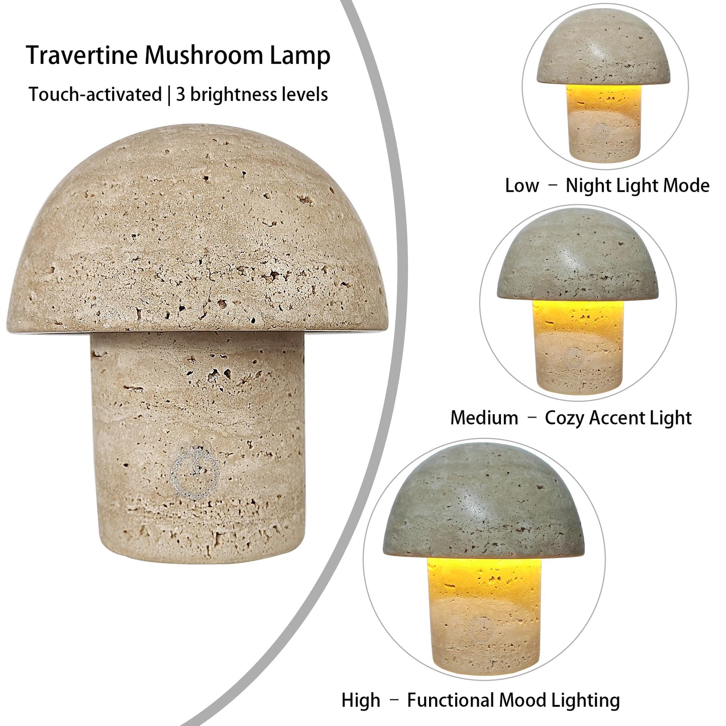 Natural Stone Mushroom Lamp - Handcrafted Travertine Night Light, Rechargeable with Type-C, Dimmable LED Accent Light for Bedroom & Living Room