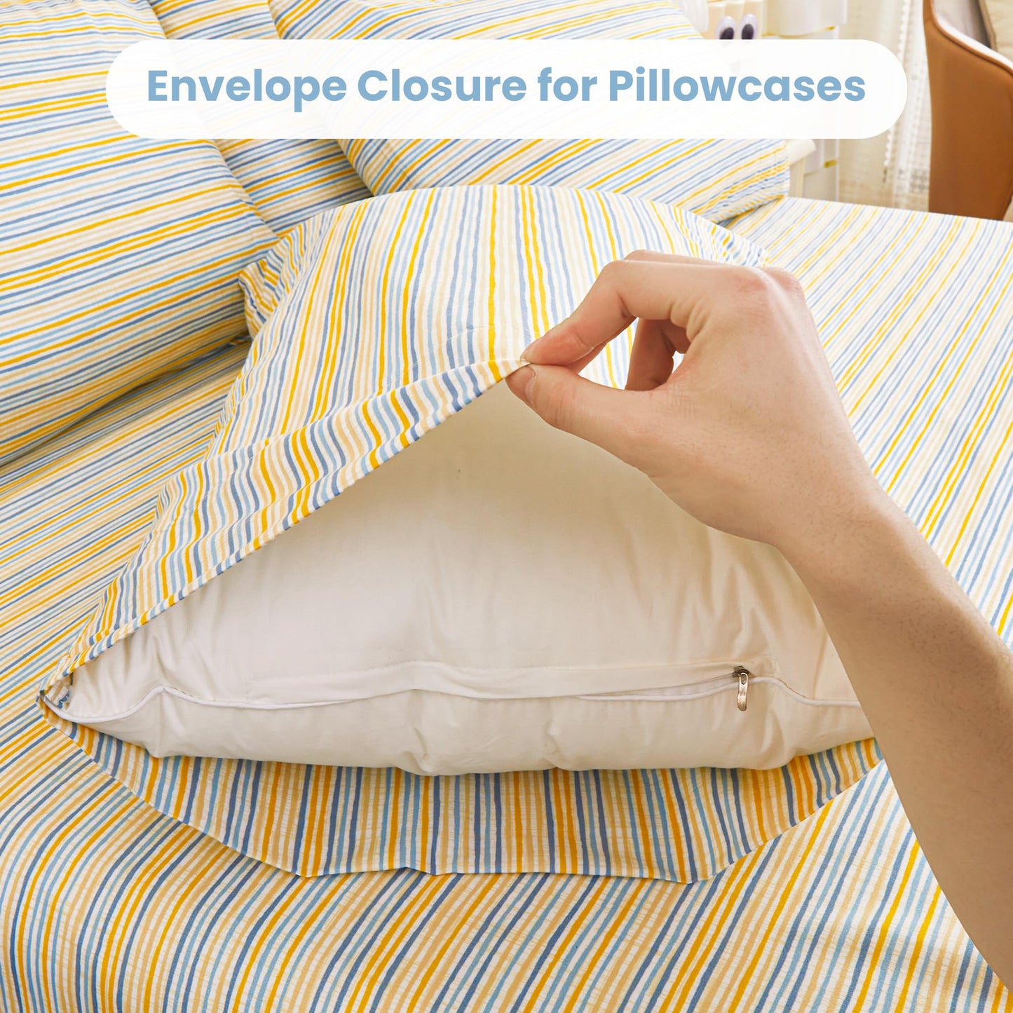 Mooreeke Striped Full Bed Sheets, Deep Pocket 4 Piece Full Sheet Set, Soft Microfiber Blue Yellow Pinstripe Bedding Sheets & Pillowcases