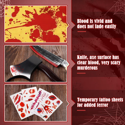 Halloween Bloody Butcher Costumes Set- Waterproof Bloody Apron with Axe Headband Butcher Knife Temporary Tattoos, Terrifying Role Play for Men Costume Party Carnival Prop Accessories (Yellow)