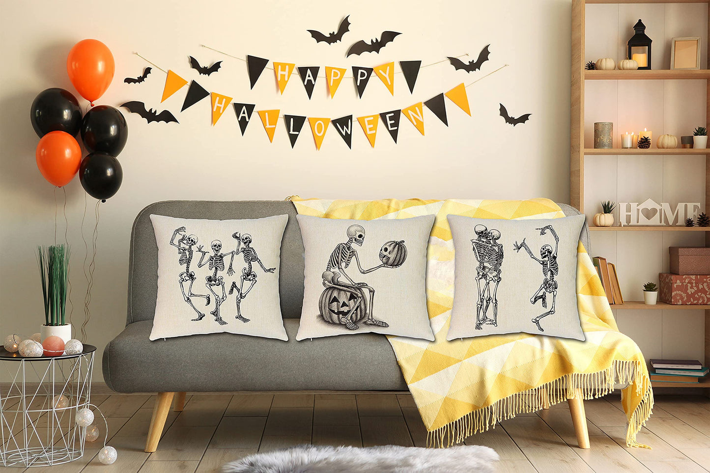 Ueerdand Halloween Pillow Covers Skeleton Skull Pumpkin Throw Pillowcases Set of 4 Cotton Linen Pillow Cushion Cover for Halloween Decorations, 18 by 18 Inch