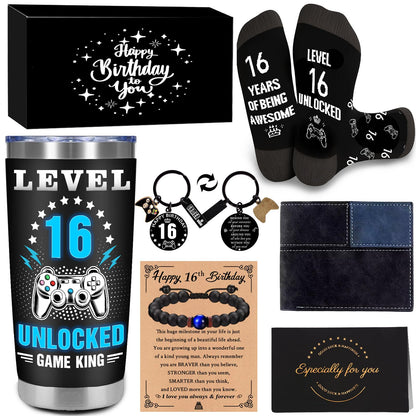 16 Year Old Boy Gifts, 16th Birthday Gifts for Boys, 16 Birthday Decorations Boy, Cool Sixteen Gamer Gifts with 20 Oz Tumbler Socks Wallet Bracelet Keychain for Son, Nephew, Grandson, Brother