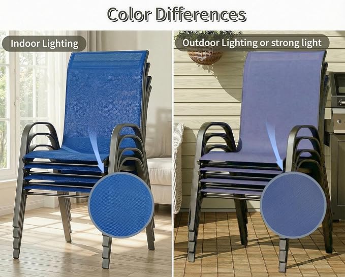 MAMIZO Patio Dining Chairs, Stackable All Weather Teslin Chair, Heavy Duty Outdoor Breathable Chairs Set, w/Armrests, Upgraded Chair FeetW/Strenthened Iron Spacers, 330 LBS (8, Navy Blue)