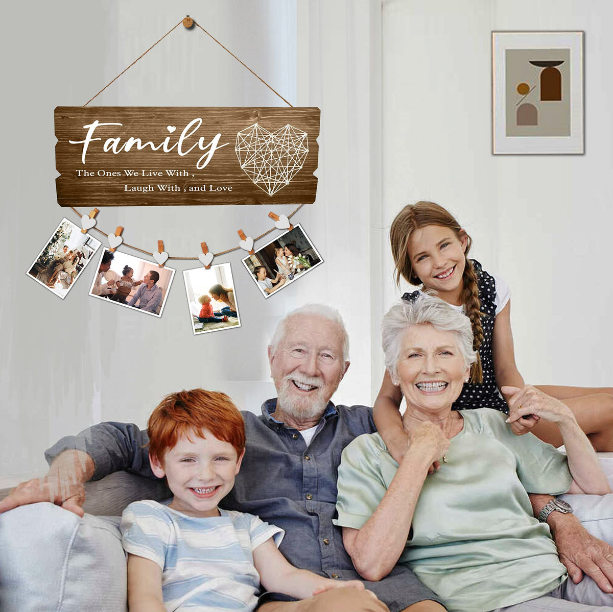 Buecasa Housewarming Gifts New Home Sign Decor- Family Wall Hanging Picture Frame with 6 Heart Clips 15.8x6.0 Inches