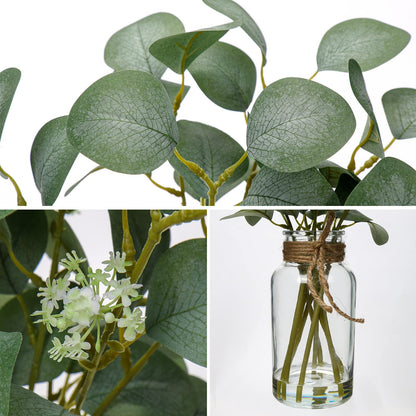 Briful Artificial Eucalyptus Stems in Glass Vase with Faux Water, 14" Fake Plant Eucalyptus Leaves for Home Farmhouse Wedding Centerpiece Bathroom Décor, 2 Packs