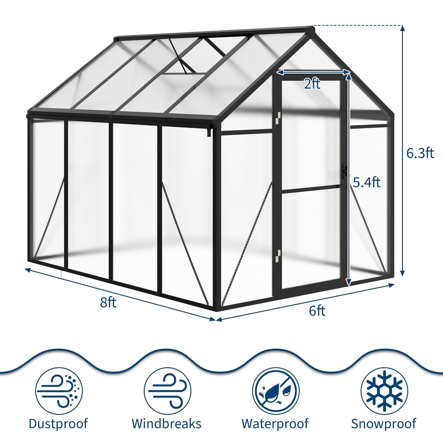 GarveeHome 6X8 FT Greenhouse for Outdoors, Large Walk-in Polycarbonate Greenhouse Kit, Aluminum Frame, Lockable Door, Roof Vent, Ground Spikes, for Garden, Patio, Backyard, Outdoor Plant Growth