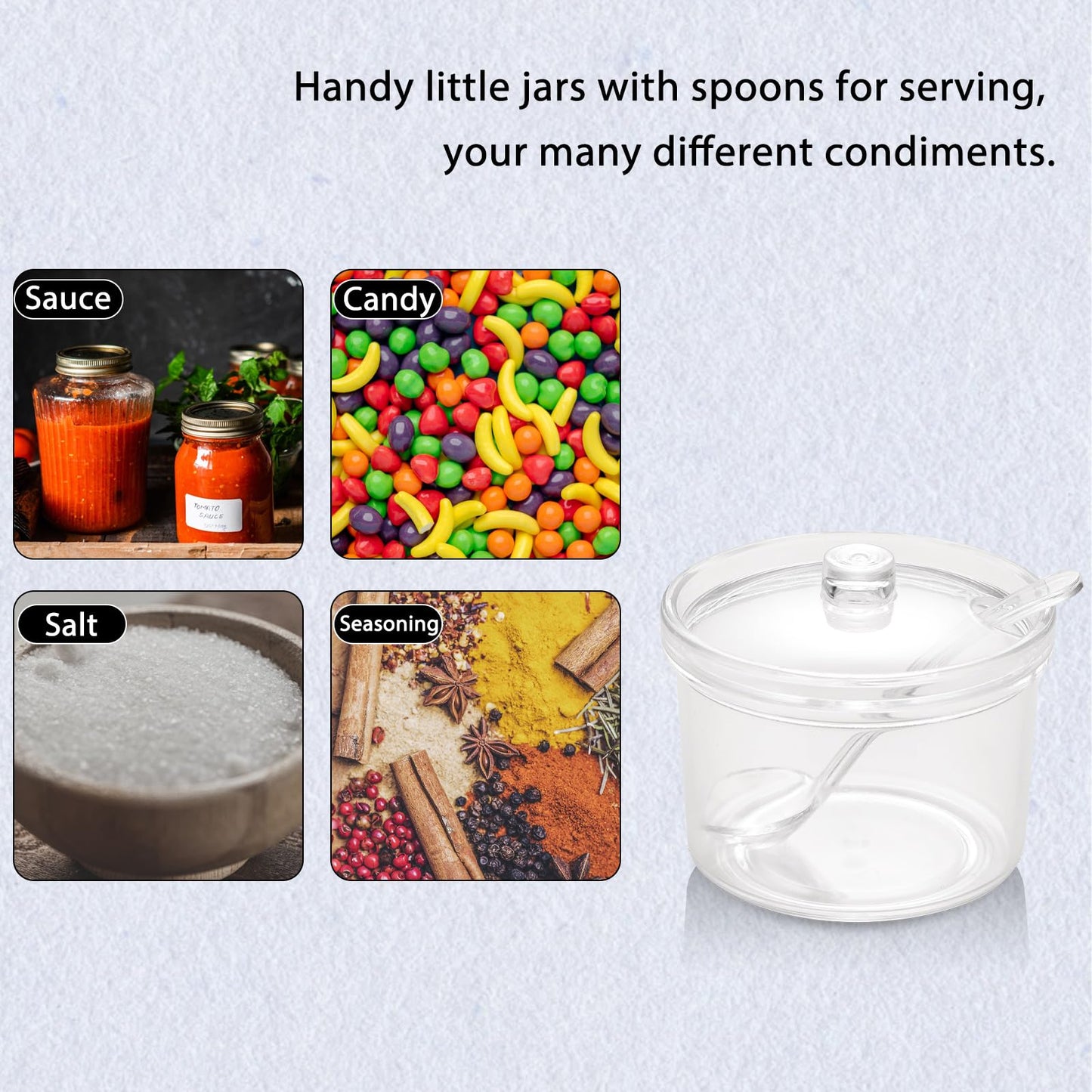 RAMFIYN Set of 4 Acrylic Sugar Bowl with Lid and Spoon, Clear Sugar Jar with Lid and Spoon, Cute Jars for Sugar, Salt, Tea, Condiment Server – 7oz