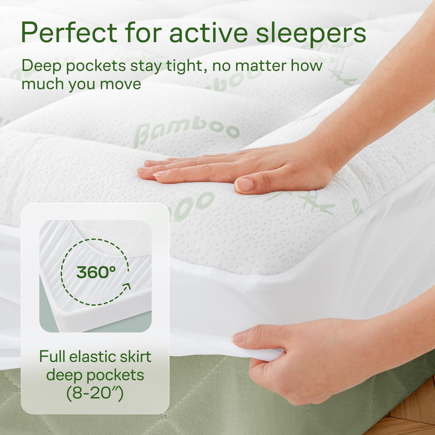 Niagara Sleep Solution Ultra Soft Full Size Mattress Topper - Rayon Derived from Bamboo Pillow Top Mattress Pad for Back Pain Relief - Naturally Cooling for Hot Sleepers, Green