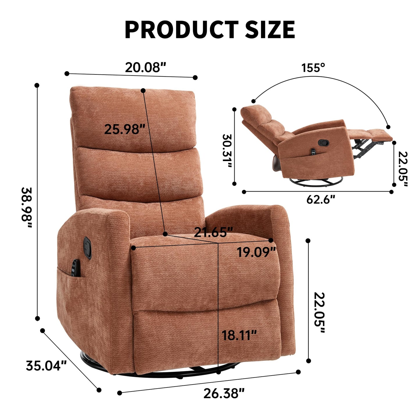 GDFStudio Heat Massage Manual Recliner Chair with Rocking and 360° Swivel, Chenille Fabric Recliner Chair with Lumbar Heat, 8-Point Vibration Massage, 155° Reclining Chair for Living Room, Orange