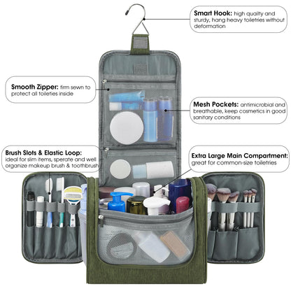 Large Hanging Toiletry Wash Bag Travel Makeup Cosmetic Organizer for Men Women by WANDF (Dark Green)