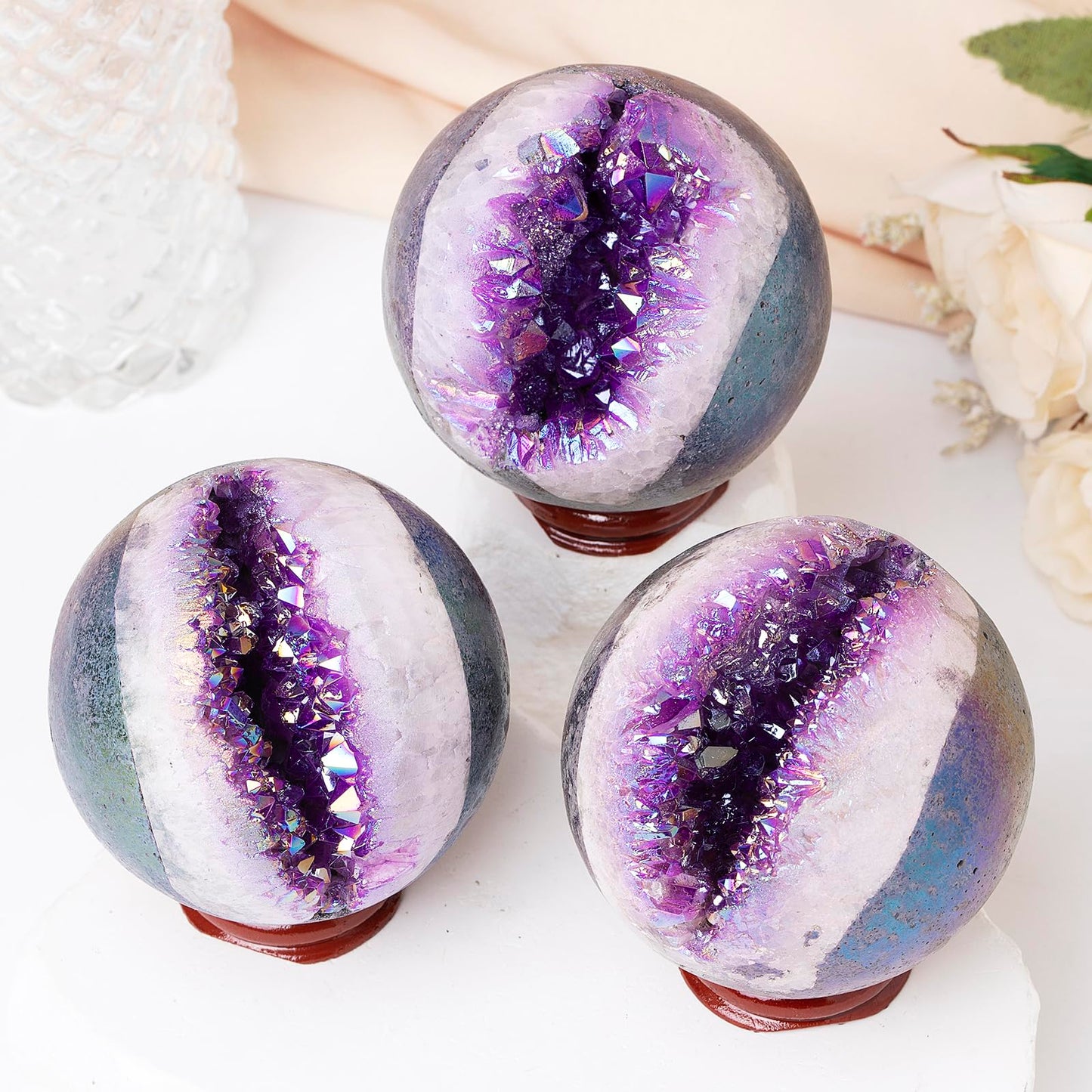 dssmboom Purple Titanium Coated Geode Stone Sphere with Wooden Stand for Home Decor, Rock Quartz Crystal Ball for Fengshui, Divination, Meditation, 61mm-70mm