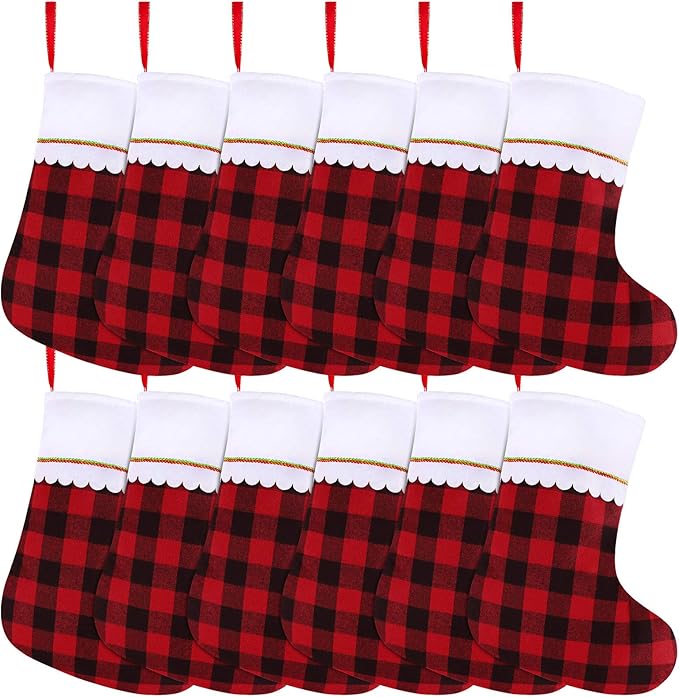 URATOT 12 Pack 15 Inches Christmas Stockings Red and Black Plaid Pattern Felt Christmas Holiday Stockings Christmas Tree Hanging Ornaments Xmas Fireplace Decoration Set
