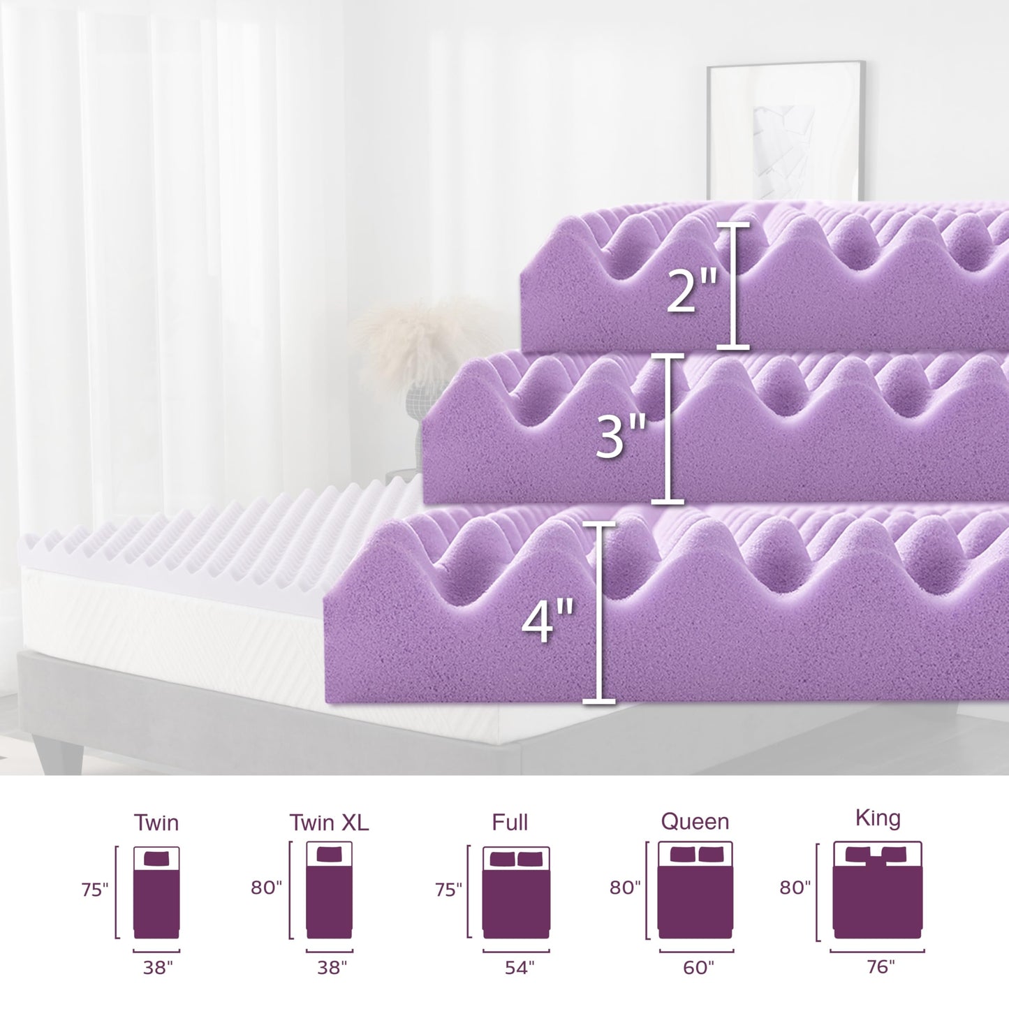 3 Inch Egg Crate Queen Memory Foam Mattress Topper, Lavender Scent Gel Infused Foam Mattress Topper for Pressure Relief, CertiPUR-US Certified Queen Bed Topper, Purple, 60"×80"