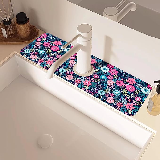 Modern Blue and Pink Floral Sink Faucet Absorbing Mat Sink Splash Guard Faucet