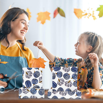 JarThenaAMCS Fall Porcelain Pumpkin Wrapping Paper -Mini Roll- 17 In x 32.8 Ft Chinoiserie Blue Pumpkin Gift Wrap Paper for Autumn Thanksgiving Birthday Party
