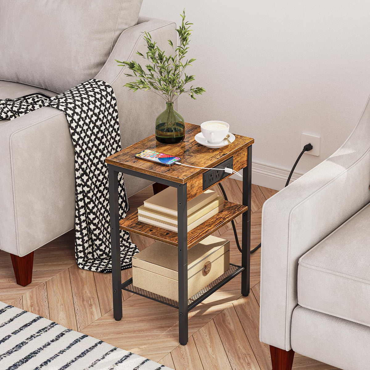 HOOBRO Side Table with Charging Station and USB Port, Small End Table for Small Space, 3-Tier Nightstand with Adjustable Shelf, for Living Room, Bedroom, Rustic Brown BF112BZ01
