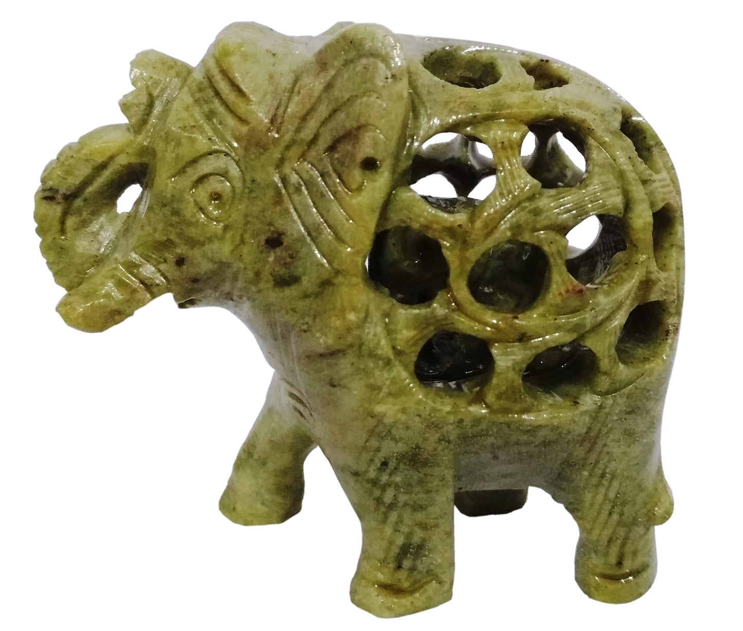 Purpledip Soapstone Statue Nested Elephants: Lattice Design Jaali Work Mesh Sculpture (11662)