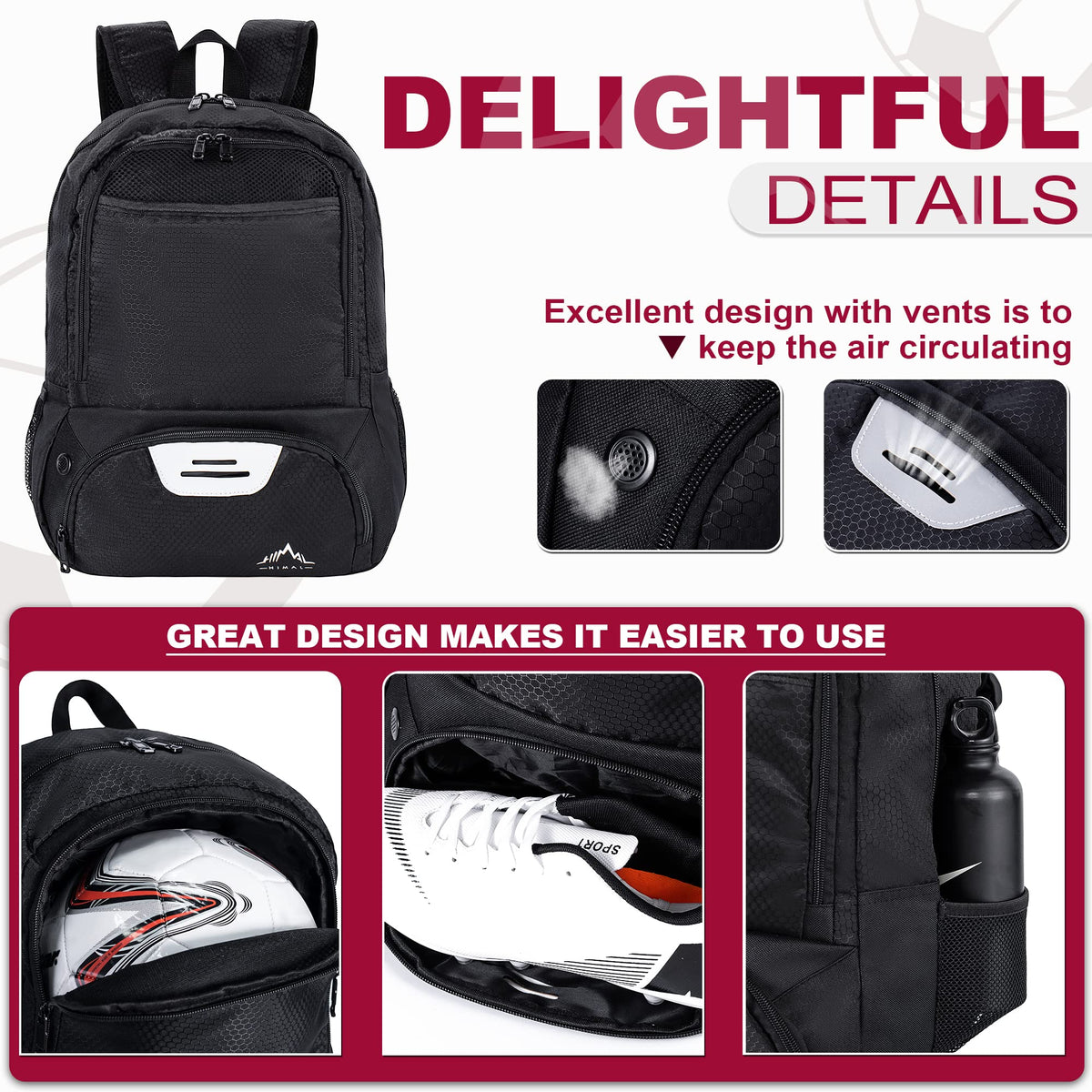 Himal Outdoors Soccer Bag-Backpack for Soccer,Backpack for Football & Volleyball & Handball,Sports Bag with Separate Cleat and Ball Holder