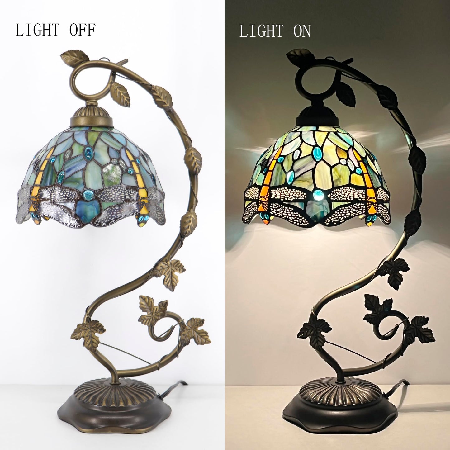 HWDFEI Tiffany Table Lamp, Stained Glass Desk Reading Light,Metal Leaf Table Lamp Base 8X10X21 Inches (Brown Dragonfly)