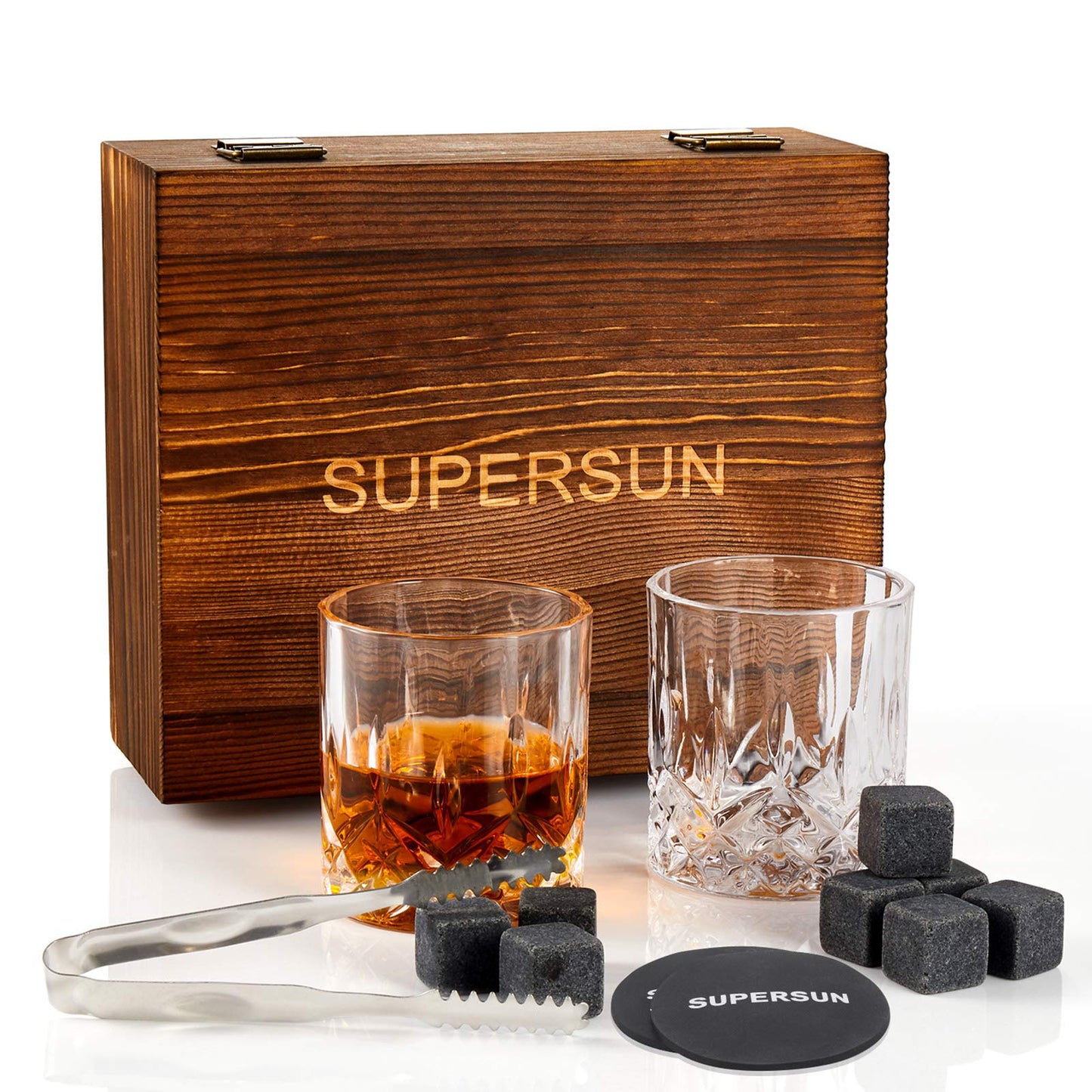 Whiskey Glasses Stones Gifts Set for Father, Pack of 2, 10 oz Scotch Bourbon Glasses, 8 Chilling Rocks with Tongs Perfect for House Warming Anniversary Birthday Farewell for Men