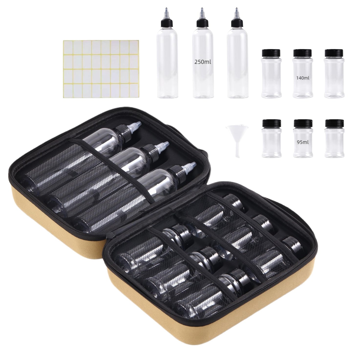 11-Piece Camping Spice Kit - 6 Powder & 3 Liquid Containers with Leakproof Lids, Portable funnel, EVA Hard Case - Portable Seasoning Set for Hiking, BBQ, RV Travel - BPA-Free PET Bottles