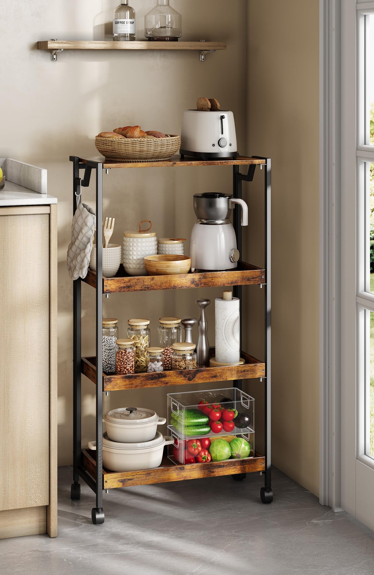 PeakPursuit Large 4-Tier Collapsible Wooden Storage Shelf – Heavy Duty 100 lbs Capacity, Locking Wheels – Space-Saving Organizer for Kitchen, Garage, Workshop, Home – No Assembly Required