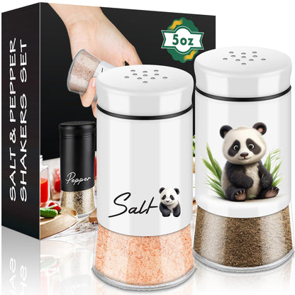 Panda Salt and Pepper Shakers Set,5 oz Glass Bottom Salt Pepper Shaker with Stainless Steel Lid Kitchen Decor and Accessories Refillable Design(Panda Sitting)