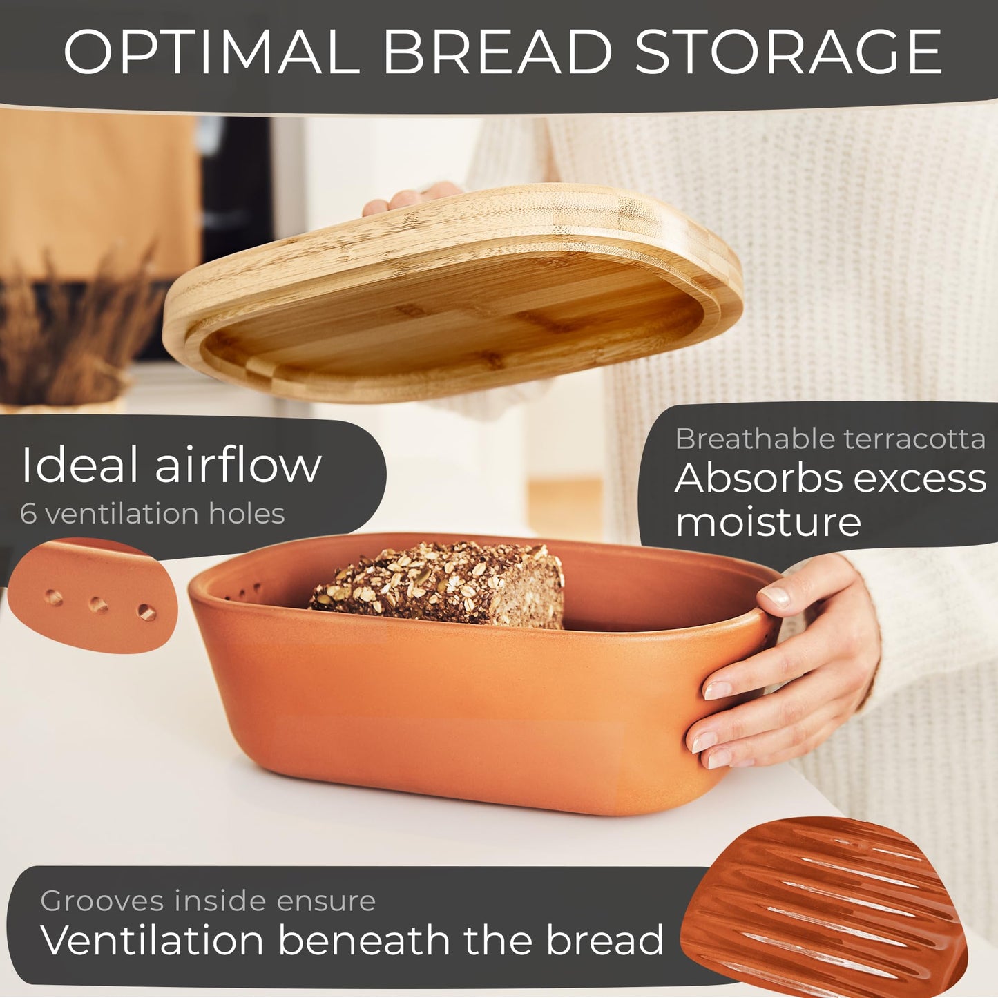 Steinzeit Bread Box Made from Breathable Terracotta (9.8x5.1x3.9 inches) - Keeps Bread Fresh Longer - Bread Box for Kitchen Countertop - Bread Storage for Homemade Sourdough Bread