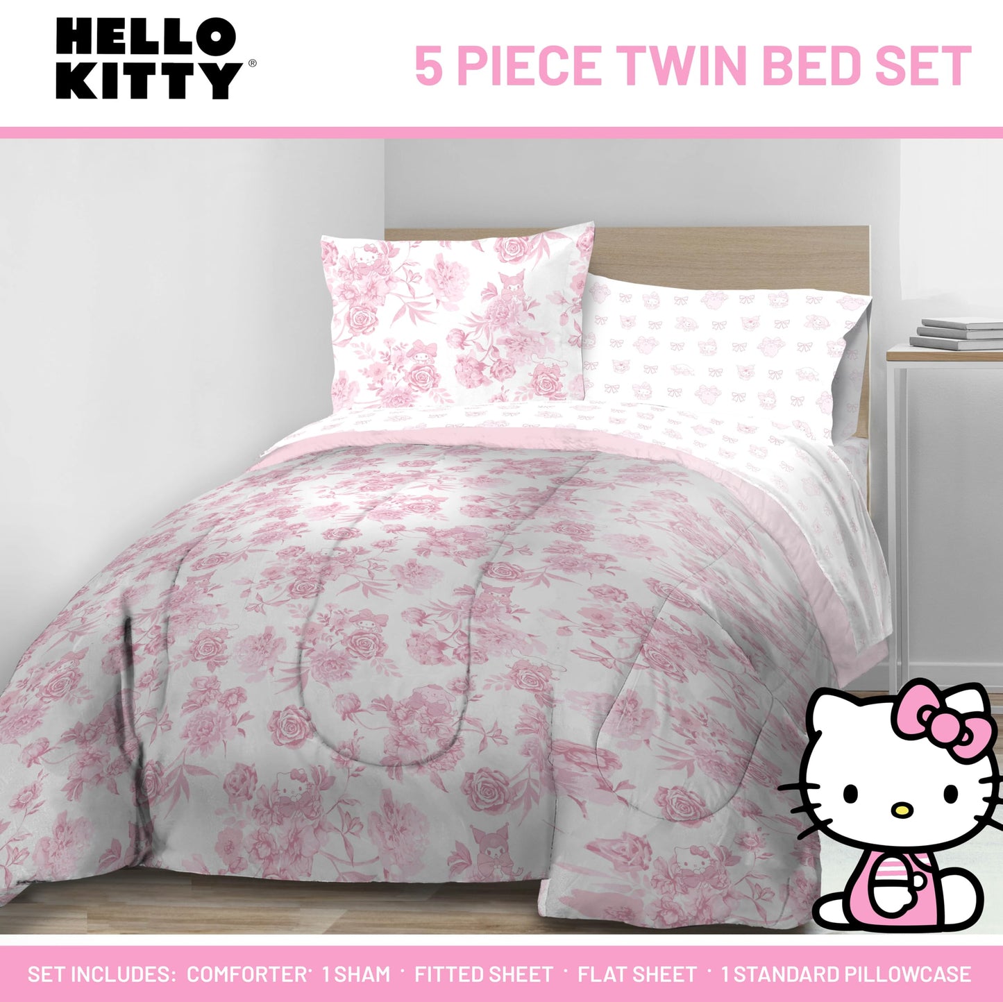 Jay Franco Comforter Set Includes Sheets and Pillow Covers - Soft and Cozy Bed Set for Stylish Room Decor, Official Licensed Product, Multi - Hello Kitty, 5 Piece Twin