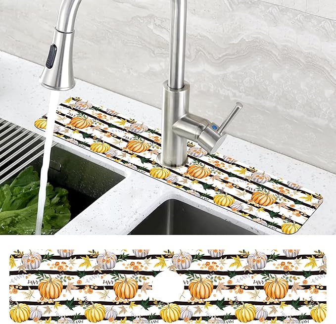 Thanksgiving Sink Faucet Absorbing Mat Autumn Pumpkin Floral Absorbent Fast