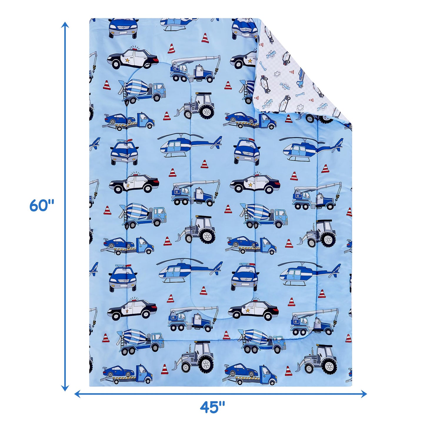 Mooreeke 4 Pieces Toddler Bedding Set - Blue Cool Police Car Plane Toddler Comforter Sets for Boys, Includes Comforter, Flat Sheet, Fitted Sheet and Pillowcase, Bed in A Bag for Baby Bedroom