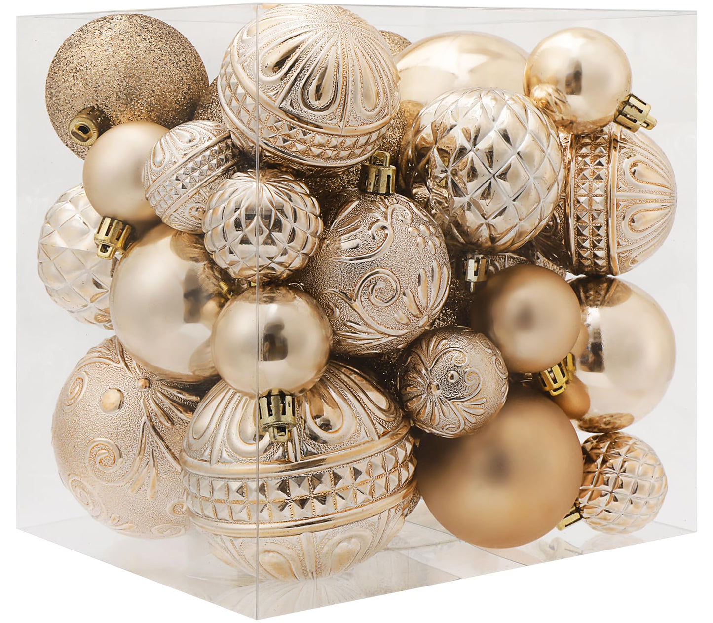 Christmas Ball Ornaments Champagne Christmas Tree Decorations with Hang Rope-36pcs Shatterproof Christmas Ornaments Set with 6 Styles in 3 Sizes(Small Medium Large)
