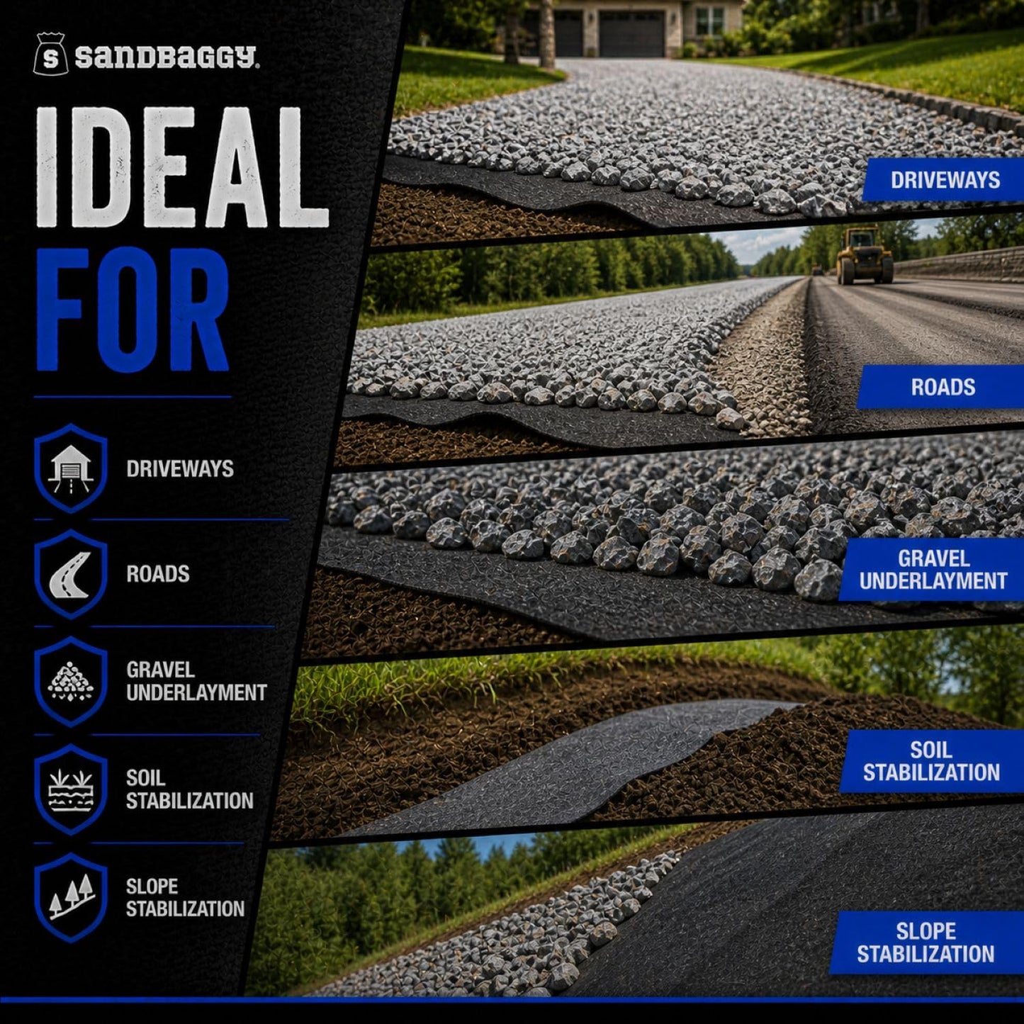 Sandbaggy Geogrid & Geocell Underlayment Fabric | Non-Woven Geotextile (8 oz) – Soil Stabilization for Driveways, Roads & Gravel – Erosion Control for Slopes & Walls | USA Made (6 ft x 100 ft Roll)