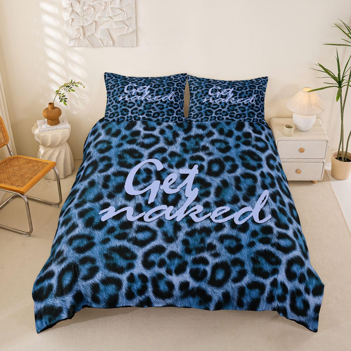 Feelyou Leopard Print Get Naked Duvet Cover King Size Funny Quotes Comforter Cover for Boys Girls Blue Black Bedding Set 3Pcs Cheetah Room Decor