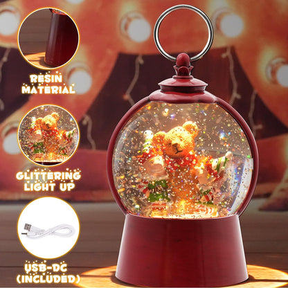 Christmas Snow Globe Lantern with Swirling Glitter Christmas Home Decoration Elf Bear Musical Snow Globe, 6 Hour Timer, USB Powered & Battery Operated Music Box for Holiday