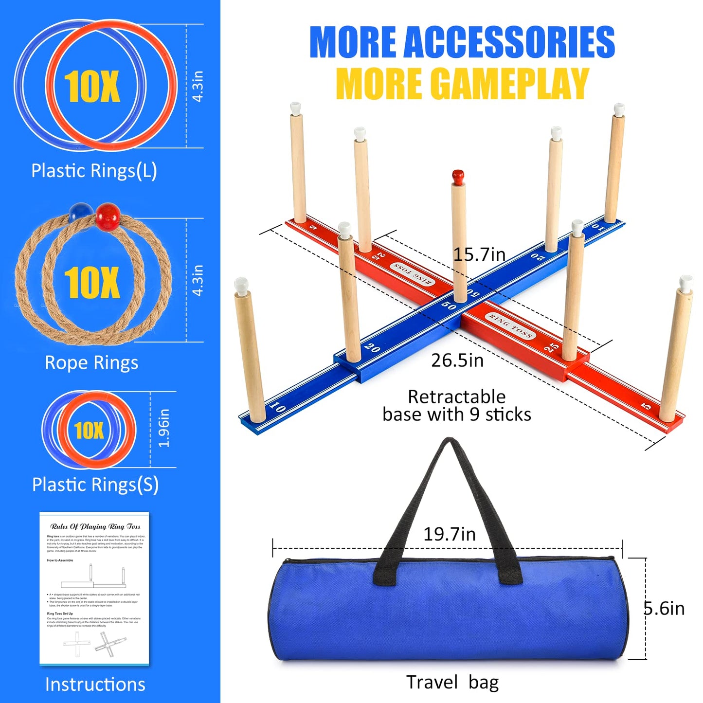 FunforFun! Outdoor Games for Kids 3-12 Upgraded Large Wooden Ring Toss Game with 30 Rings Party Yard Game for Family Outside Toys for 10 11 12 13 14 Years Old Boys Gifts