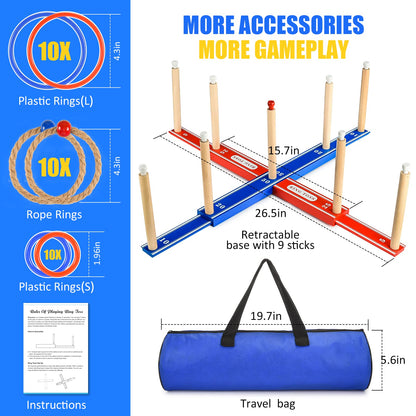 FunforFun! Outdoor Games for Kids 3-12 Upgraded Large Wooden Ring Toss Game with 30 Rings Party Yard Game for Family Outside Toys for 10 11 12 13 14 Years Old Boys Gifts