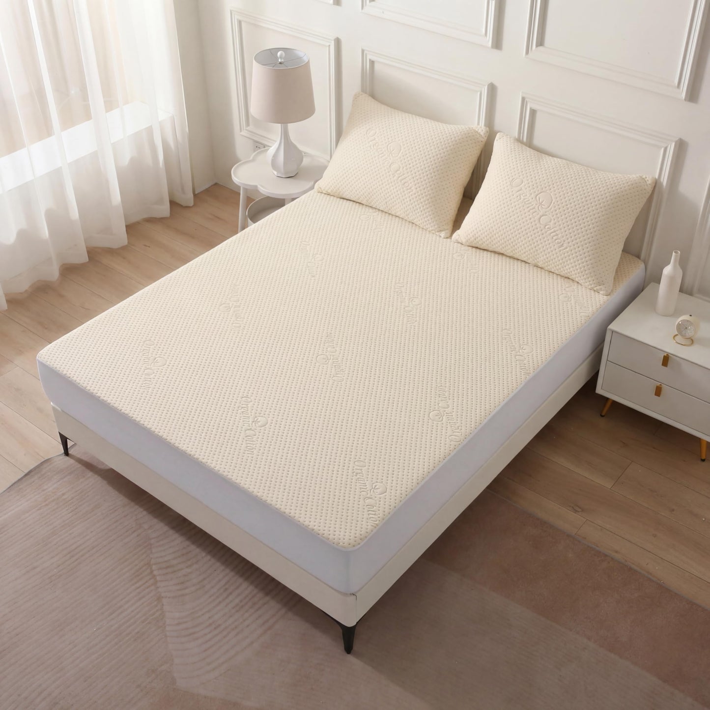 Luxury Waterproof Organic Mattress Protector King Size - Organic Cotton Breathable Mattress Pad Cover - Premium 380GSM 3D Air Fabric - Deep Pocket - Jersey Cotton Skirt - Fitted Design