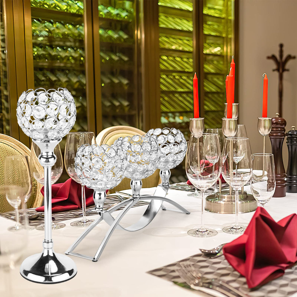 DARCKLE Silver Crystal Candle Holders, Decorative Arch Candelabra Centerpieces for Tables, 3-Arm Candlesticks Holder and 2 Glass Holders, Silver Table Decor for Wedding, Party, Anniversary